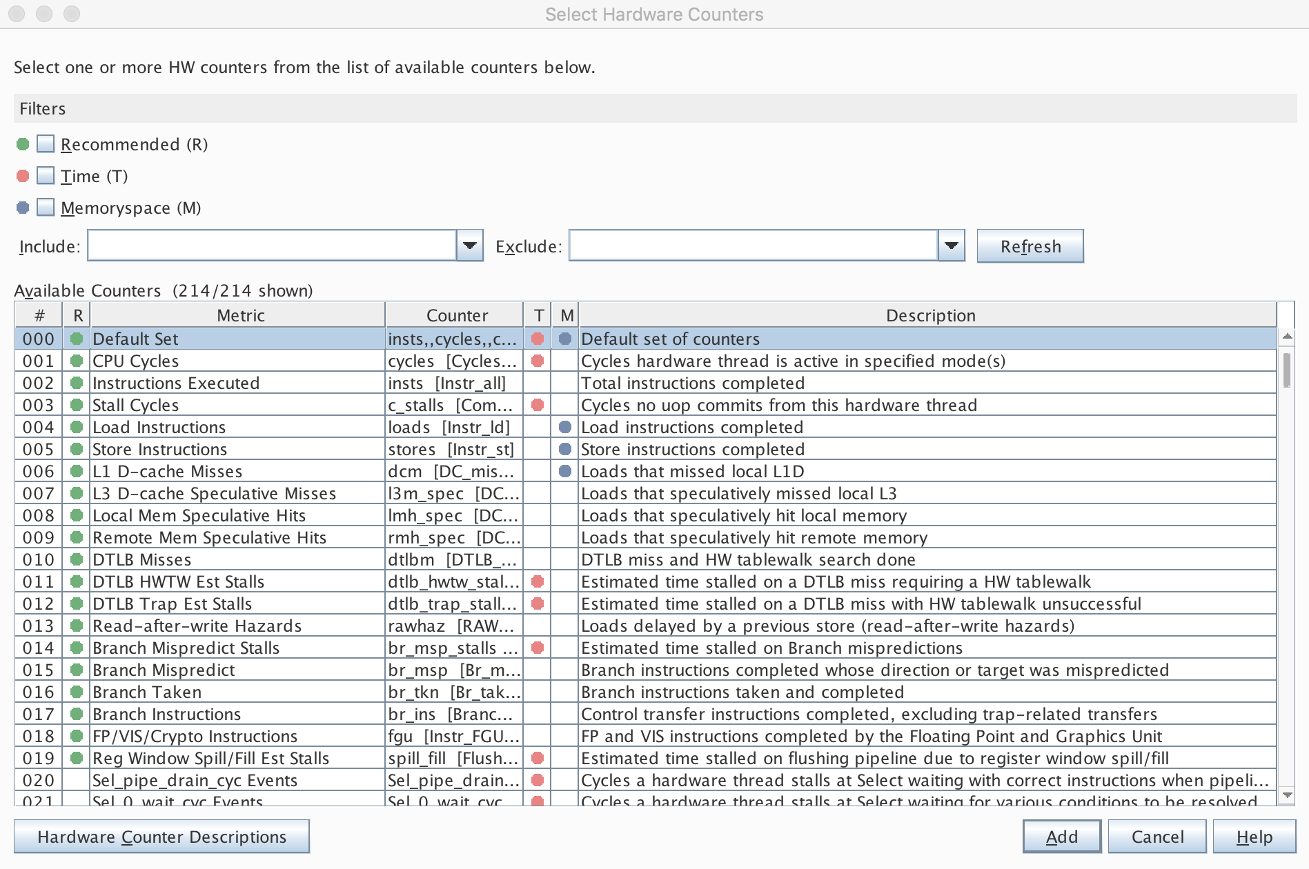 image:New Select Hardware Counters dialog box in Performance                                     Analyzer